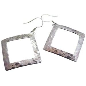 Vintage Hammered Style Metal Square Dangle Drop Sterling Silver Earrings*925